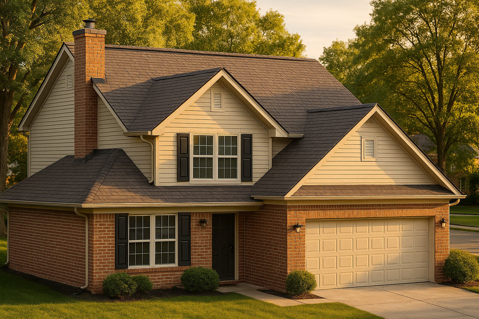 Completed Indianapolis single-family home with new dimensional shingle roof, ridge vent, chimney flashing, warm golden-hour light.