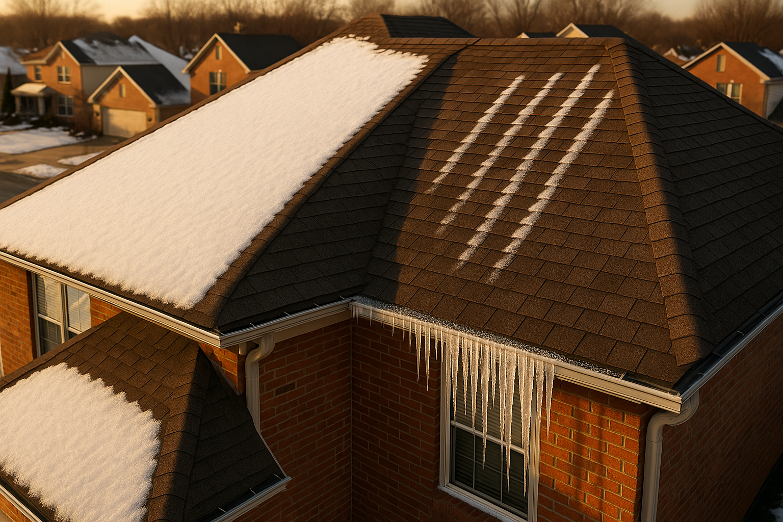 Golden-hour drone roof view showing uneven snow melt lines and three-foot icicles on gutter in an Indianapolis neighborhood.