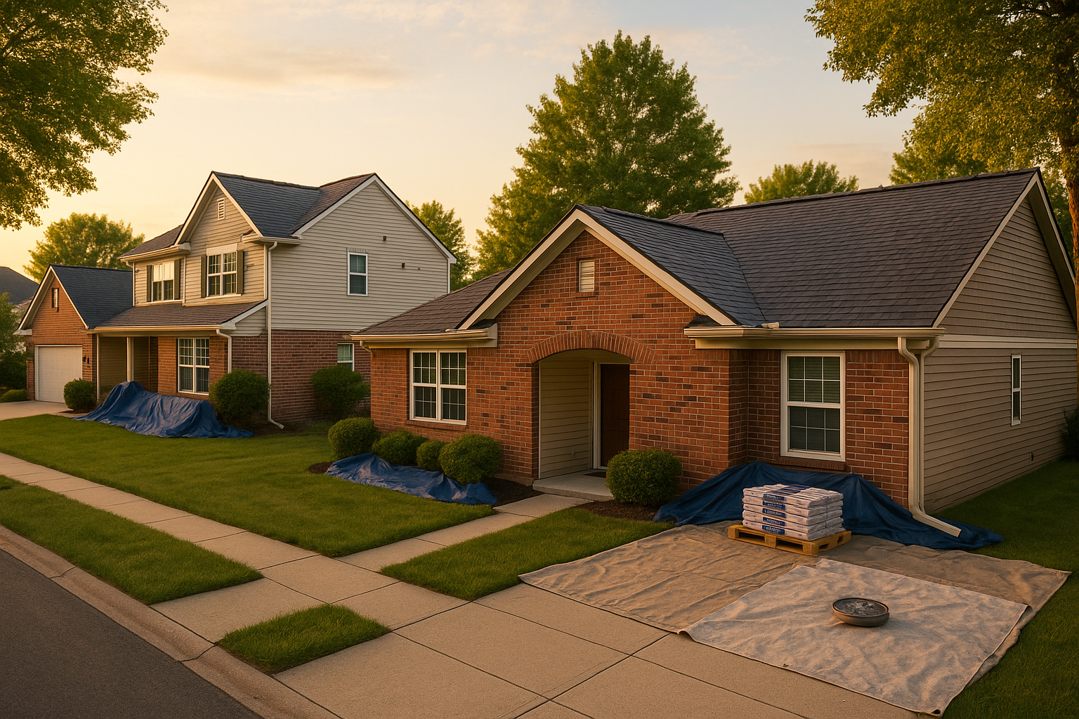 Street-level Avon homes at golden hour with architectural shingles, ridge vents, pitched gutters, tidy jobsite staging, no people.