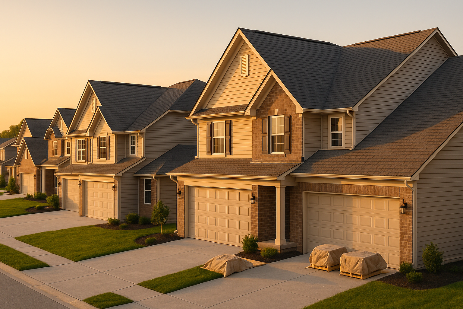 Brownsburg suburban roofs at golden hour with ridge vents, soffits, staged materials, and protected landscaping.