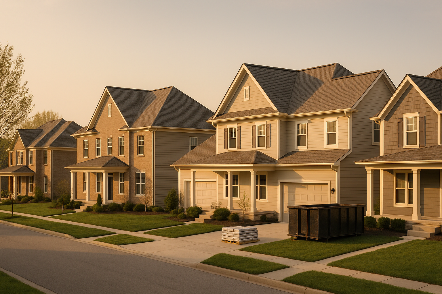 Wide Carmel residential street at golden hour showing multiple rooflines, shingles, ridge vents, gutters, and staged materials.