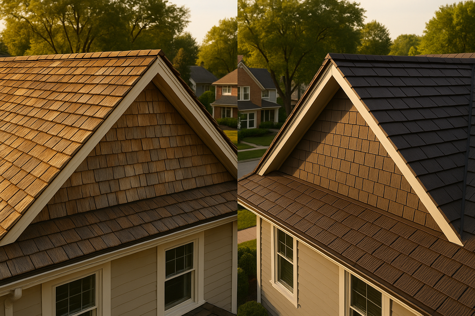 Two adjacent roofs at golden hour: left natural cedar shakes, right premium composite shakes, visible ridge vent and suburban street context.