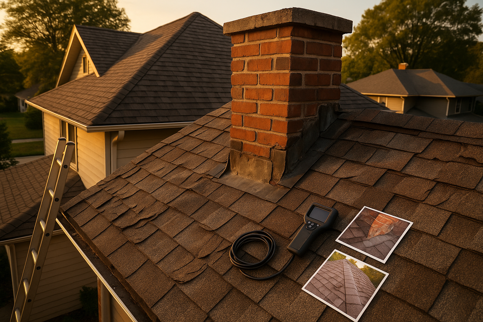 Golden-hour wide roof view with wide masonry chimney, corroded flashing, curling shingles, cricket, ladder and inspection camera on roof.