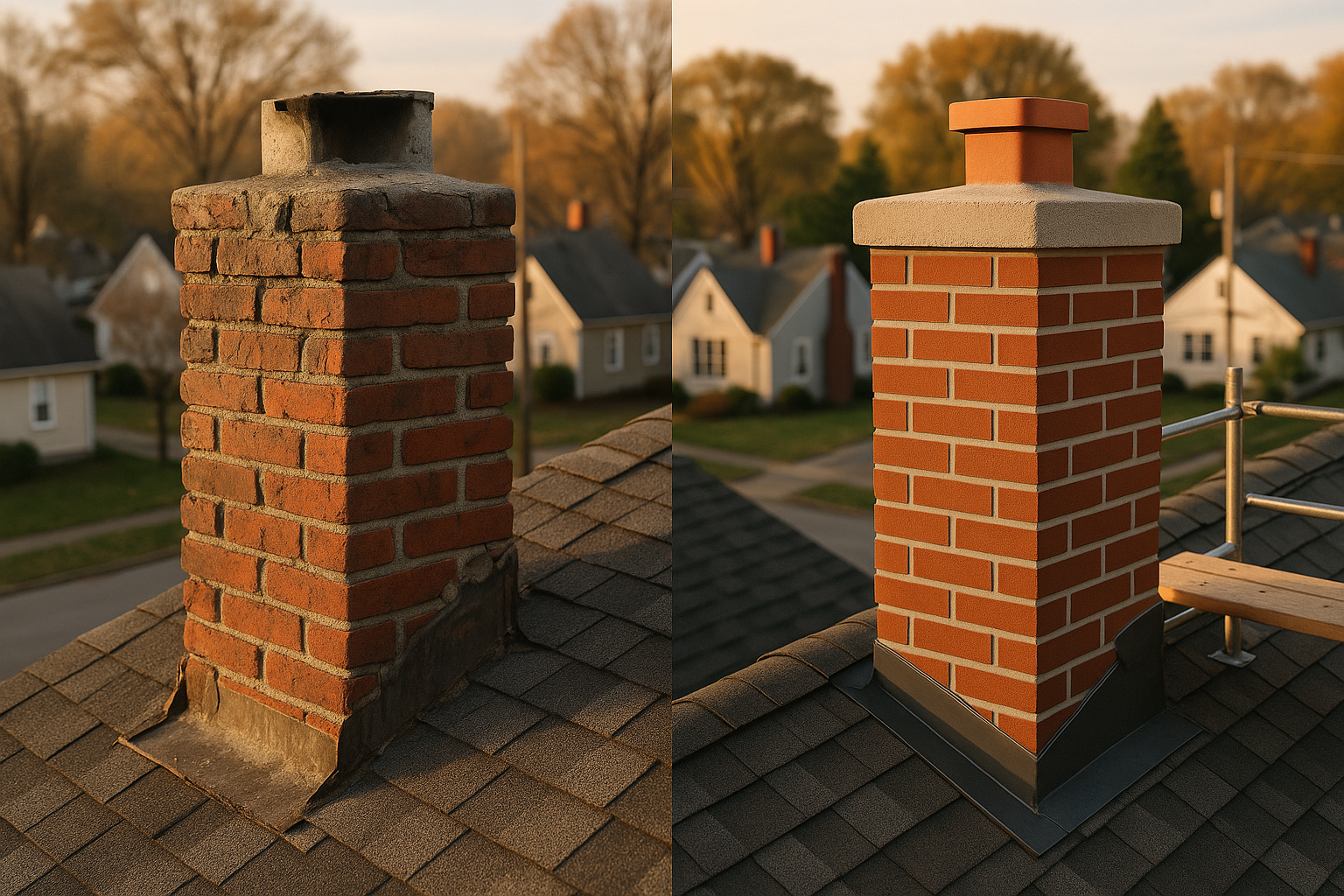 Before-and-after chimney: damaged mortar/cracked crown left, color-matched repointing right, golden hour, pitched shingle roof.