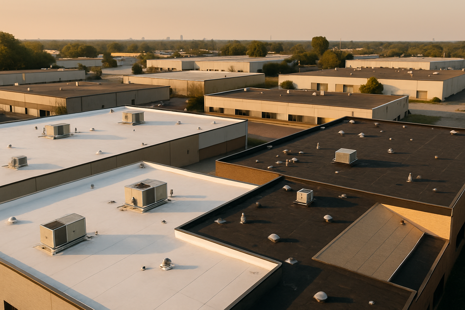 Aerial Indianapolis industrial rooftops with mixed white TPO and black EPDM membranes, HVAC units, drains, warm daylight.