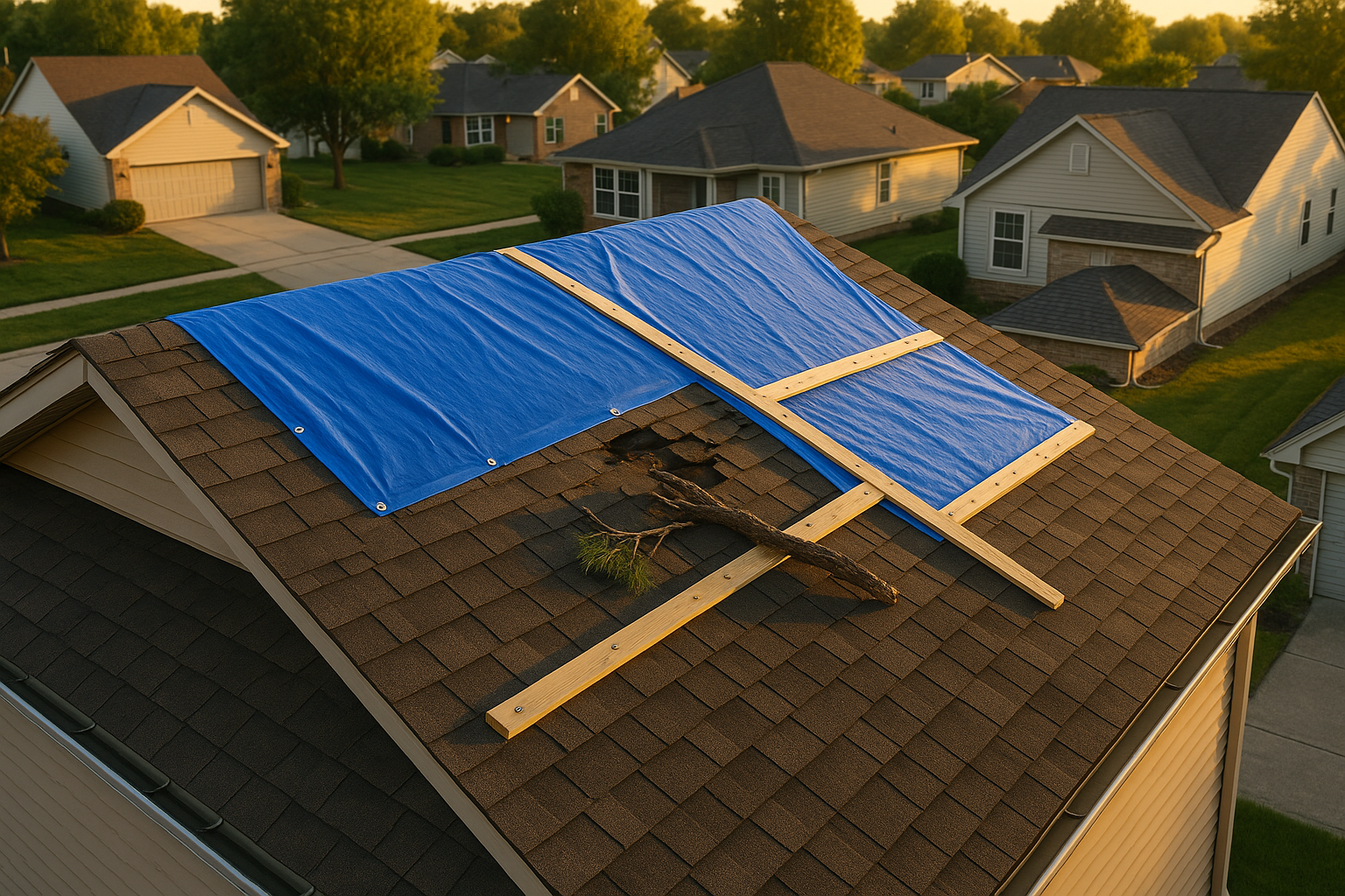 Aerial warm-light view of a tarped residential roof with heavy-duty UV tarp, missing shingles, tree limb, and 2x4 battens in an Indianapolis block.