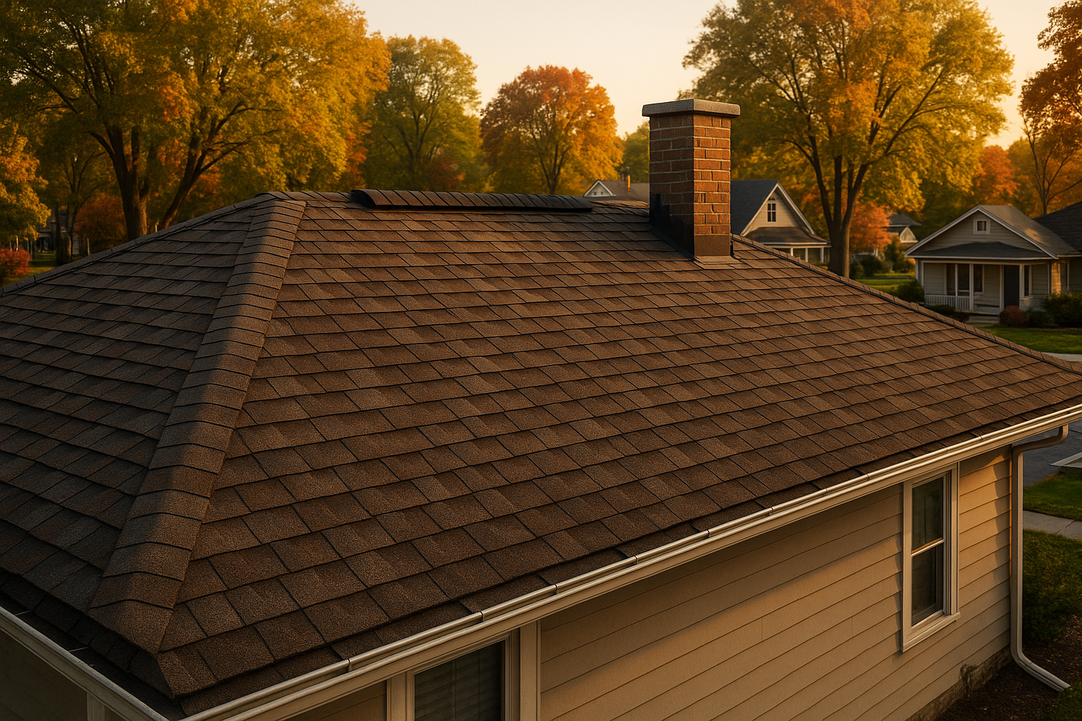 Suburban Indianapolis asphalt-shingle rooftop at golden hour with mature maples and visible gutters.