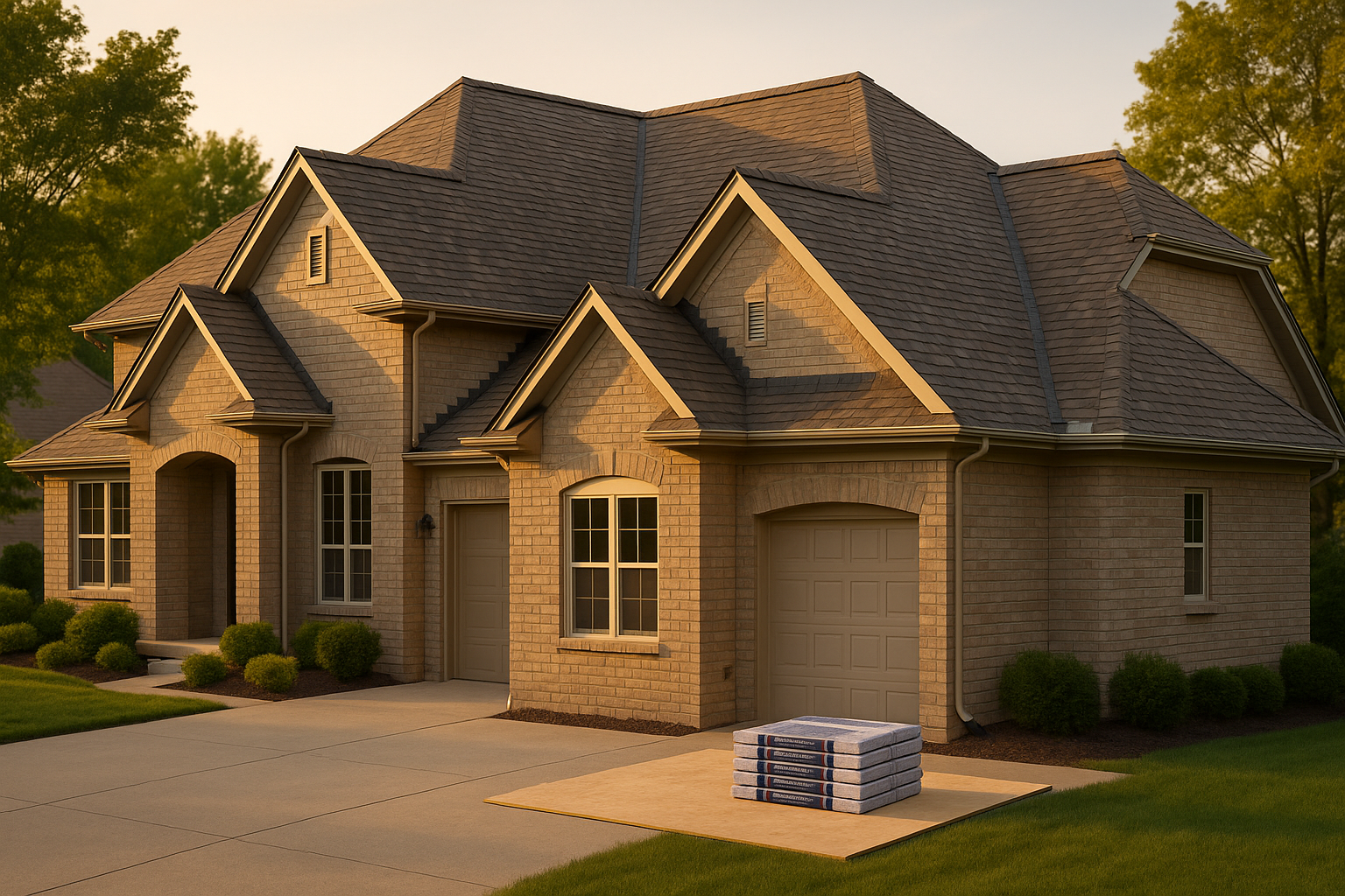 Wide golden-hour exterior of premium Fishers home with complex roofline, architectural shingles, ridge vent, gutters, and staged materials.
