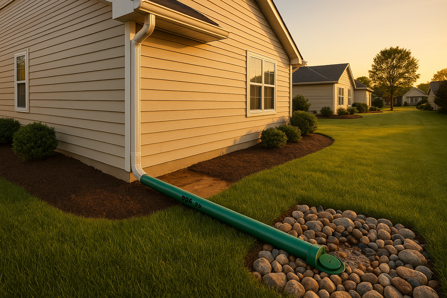 Angled golden-hour yard view with gutters, 3x4 downspout, SDR-35 pipe to pop-up emitter and rock basin, turf and slight pooled soil by foundation.