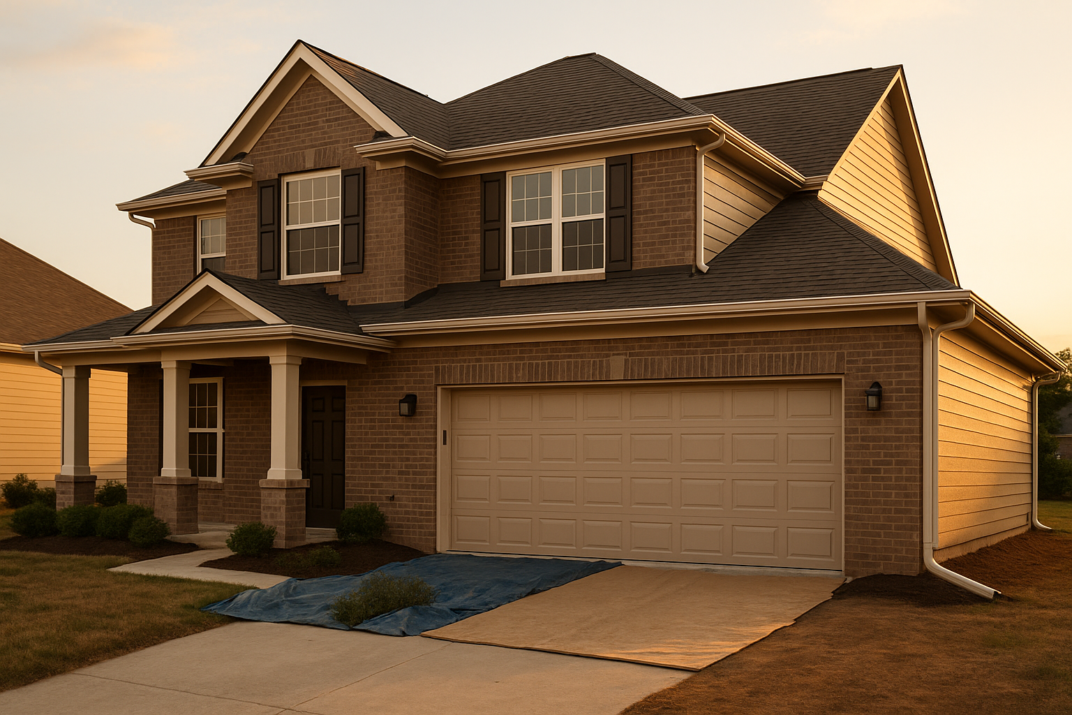 Two-story Indianapolis home at golden hour with new 6" seamless K-style gutters and 3"x4" downspout, protected landscaping.