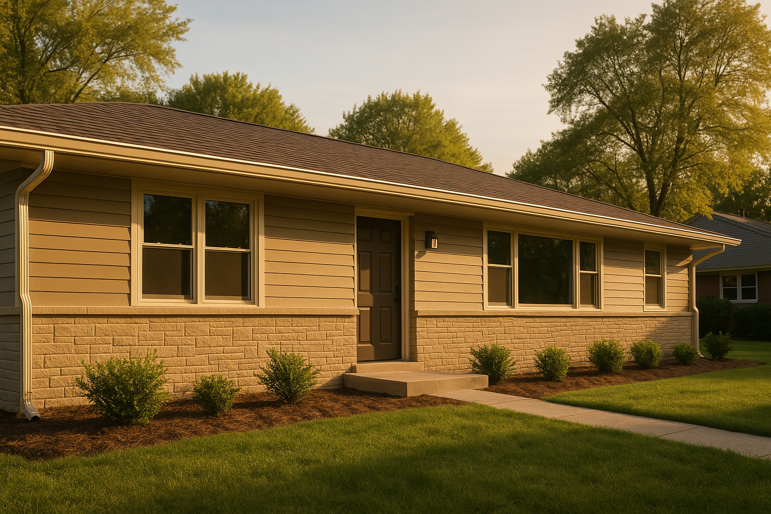 Mid-century ranch with seamless aluminum K-style gutters color-matched to trim at golden hour, tidy jobsite and landscaping.