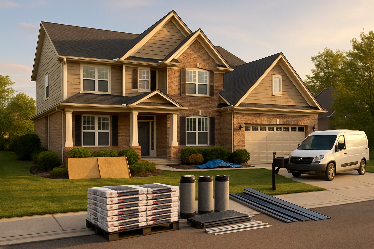 Premium Indianapolis suburban home at golden hour with roofing materials on driveway and unmarked white van.