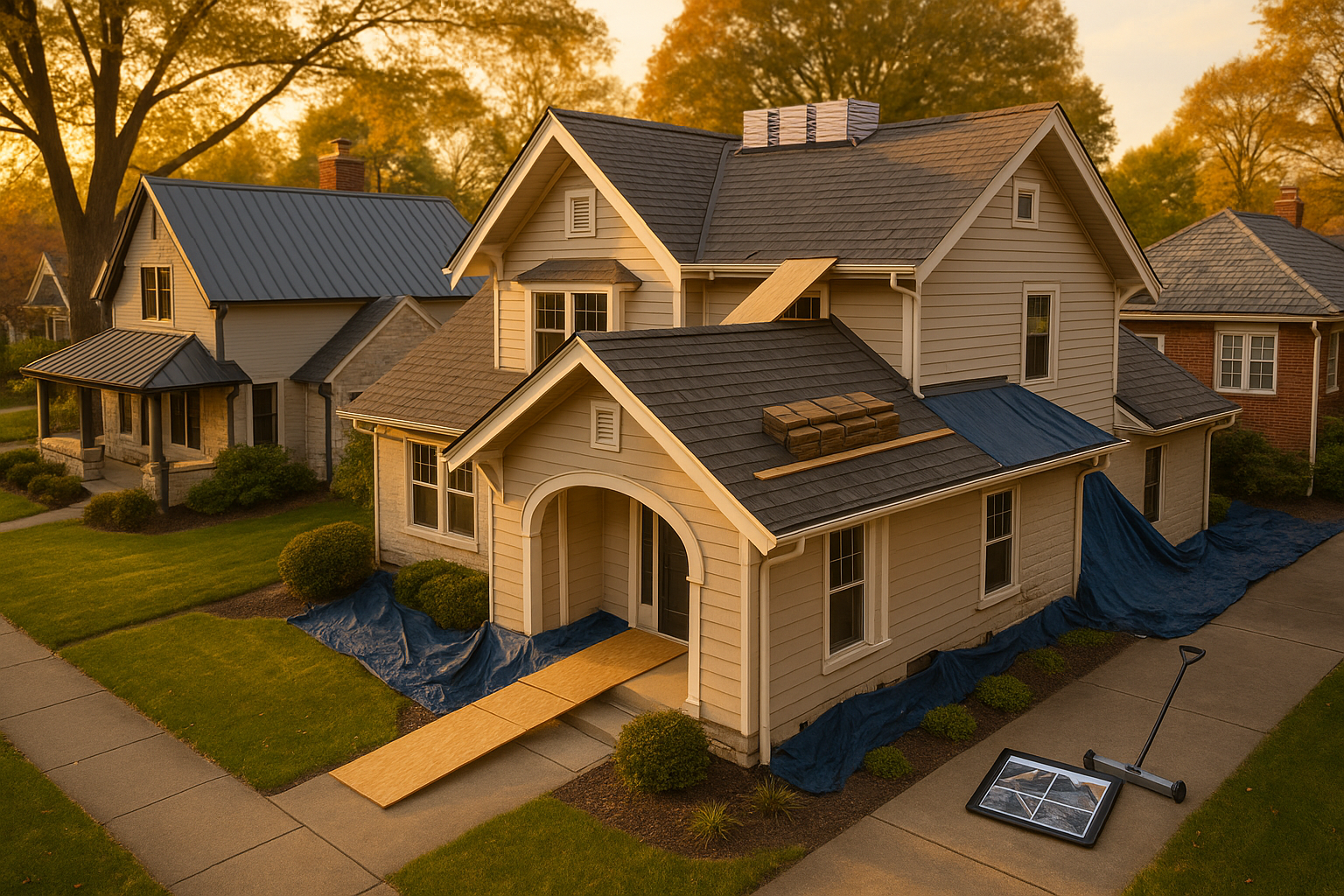 Warm golden-hour Indianapolis street with mixed asphalt, metal and tile roofs, staged materials, tarps, tablet photos, and protected landscaping.