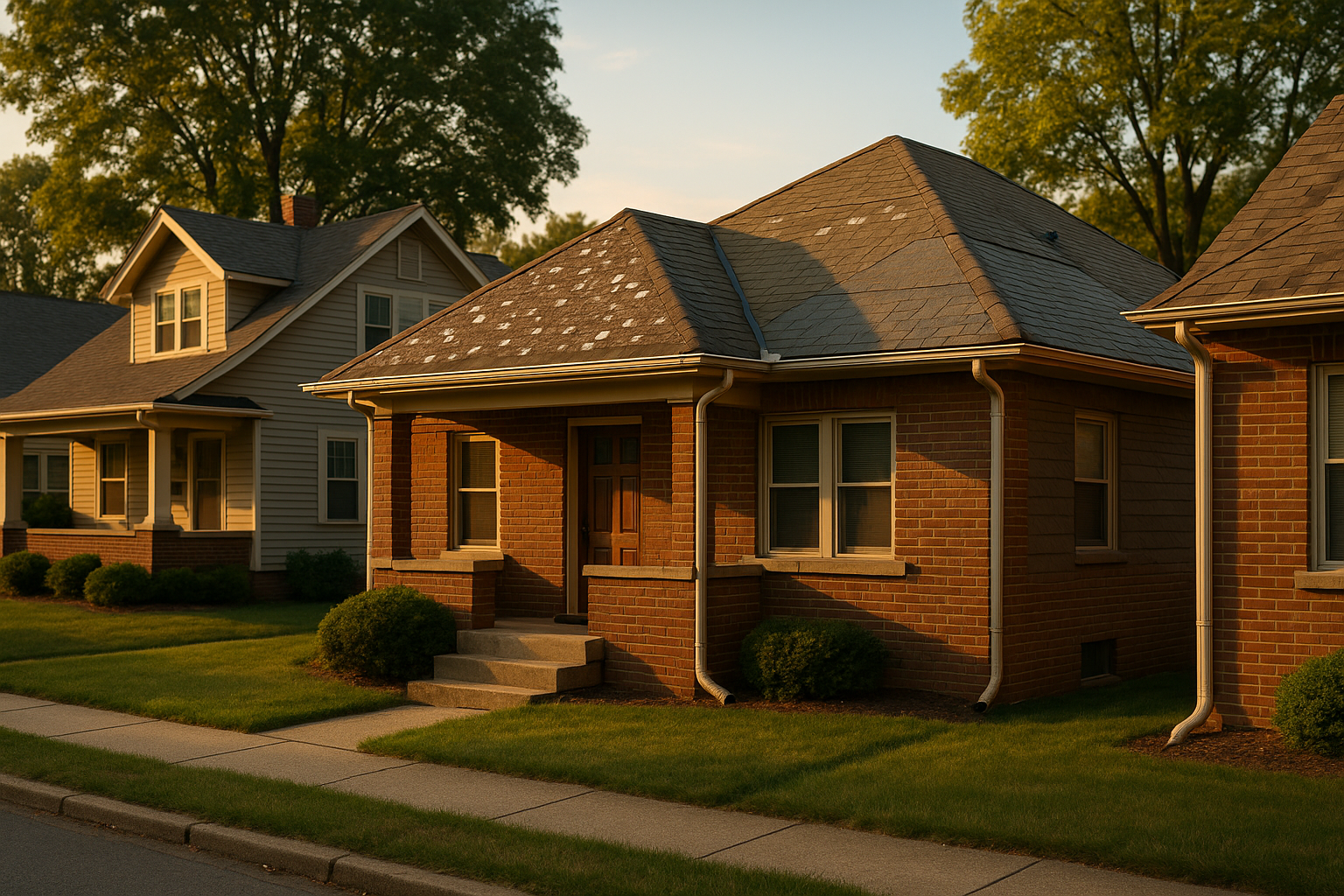 Ground-level view of Indianapolis single-family roofs at golden hour showing concentrated hail damage on one slope and dented gutters.