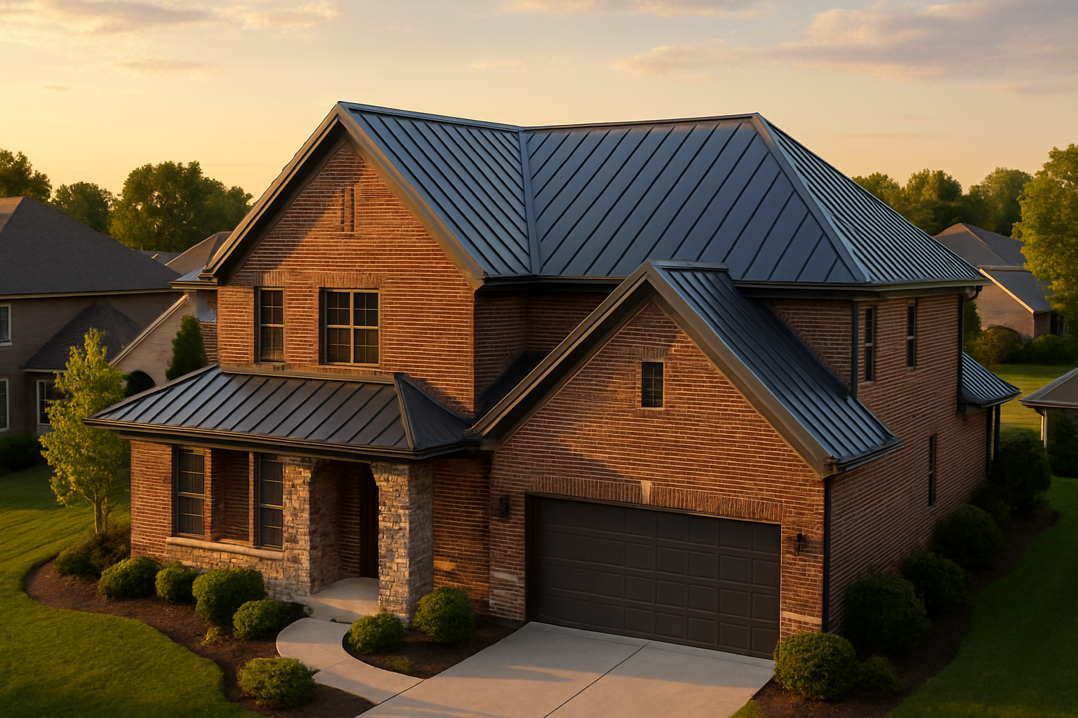 Two-story brick/stone home at golden hour with charcoal standing seam PVDF roof, concealed seams, suburban Carmel neighborhood context.