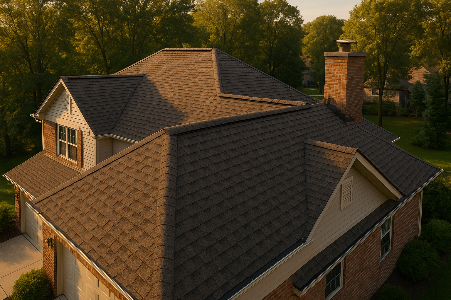 Wide photorealistic roof panorama of two-story brick-and-siding Plainfield home at golden hour, full roof geometry and nearby trees.