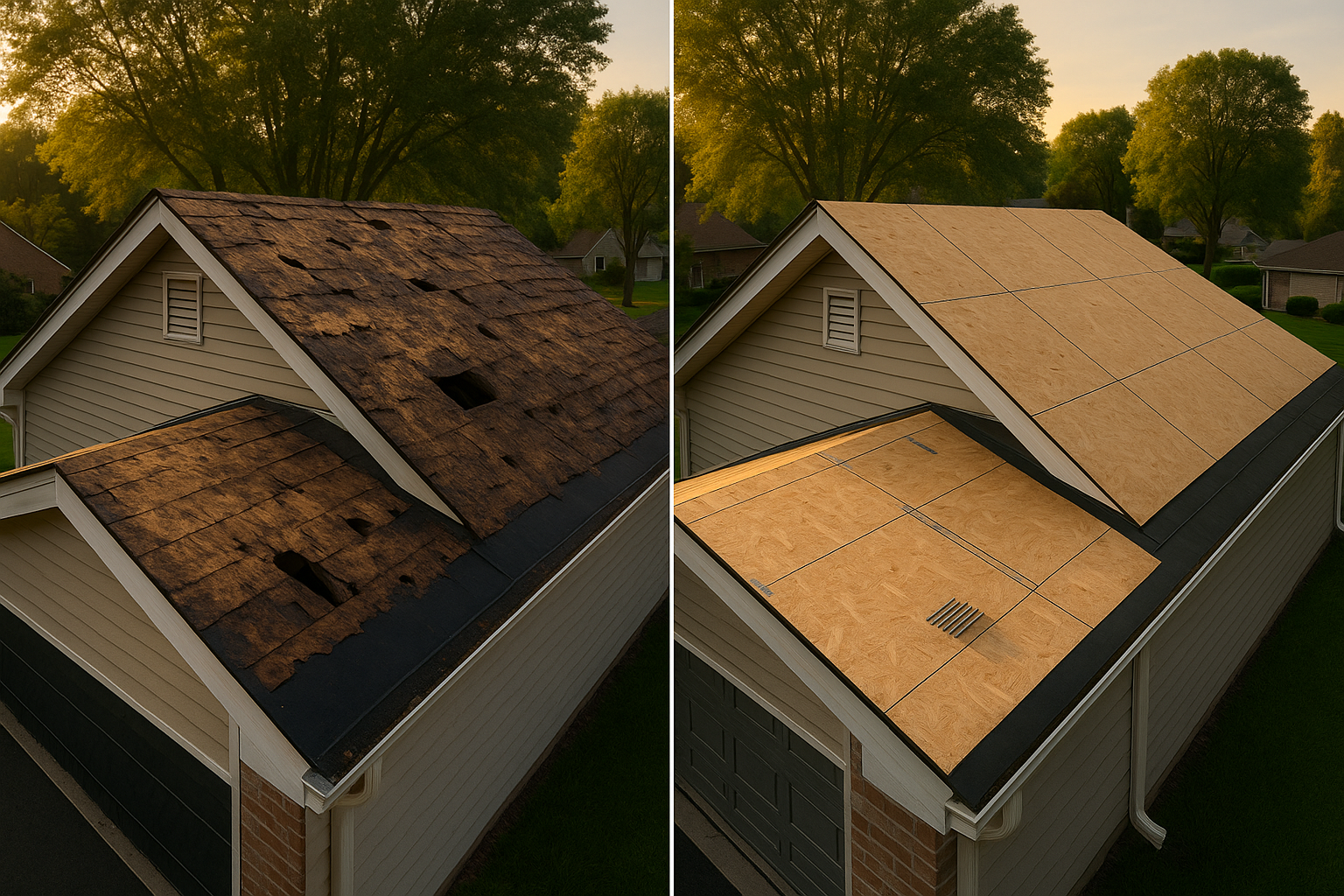 Split roof before-and-after: exposed rotted OSB and rafters vs new plywood decking, golden hour suburban Indianapolis.