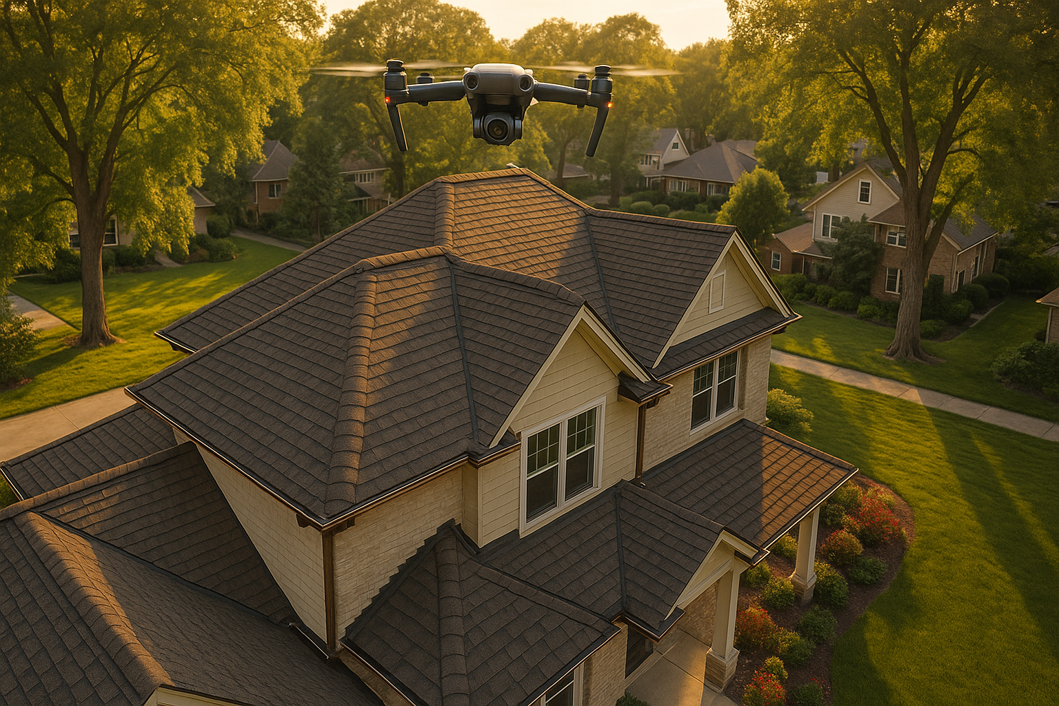 Golden-hour aerial of two-story asphalt-shingle house with drone above roof, shingle texture, gutters, driveway and oaks.