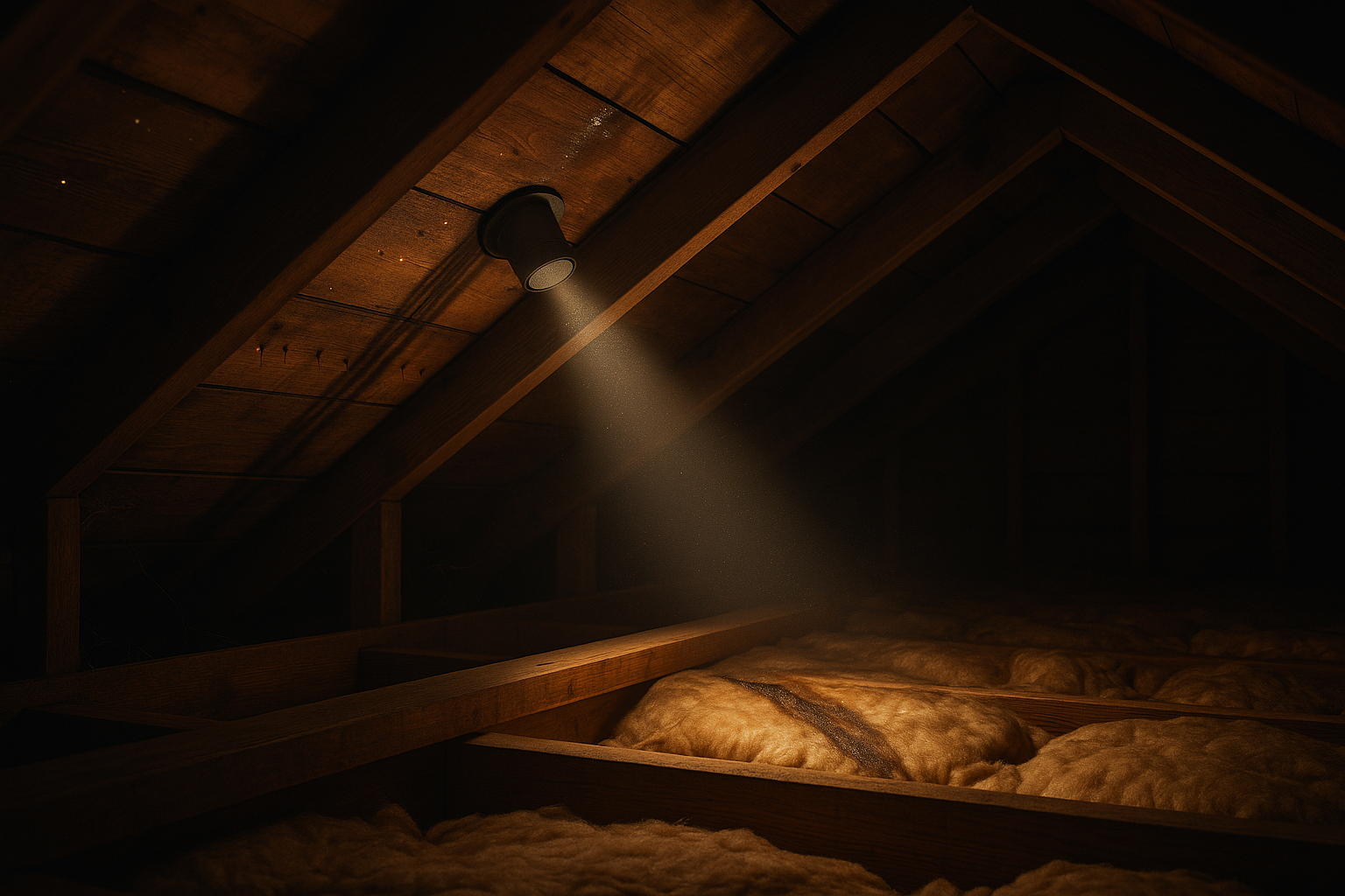 Attic with exposed rafters, dark wet streaks uphill toward vent, flashlight highlighting rusted nail tips and damp insulation.
