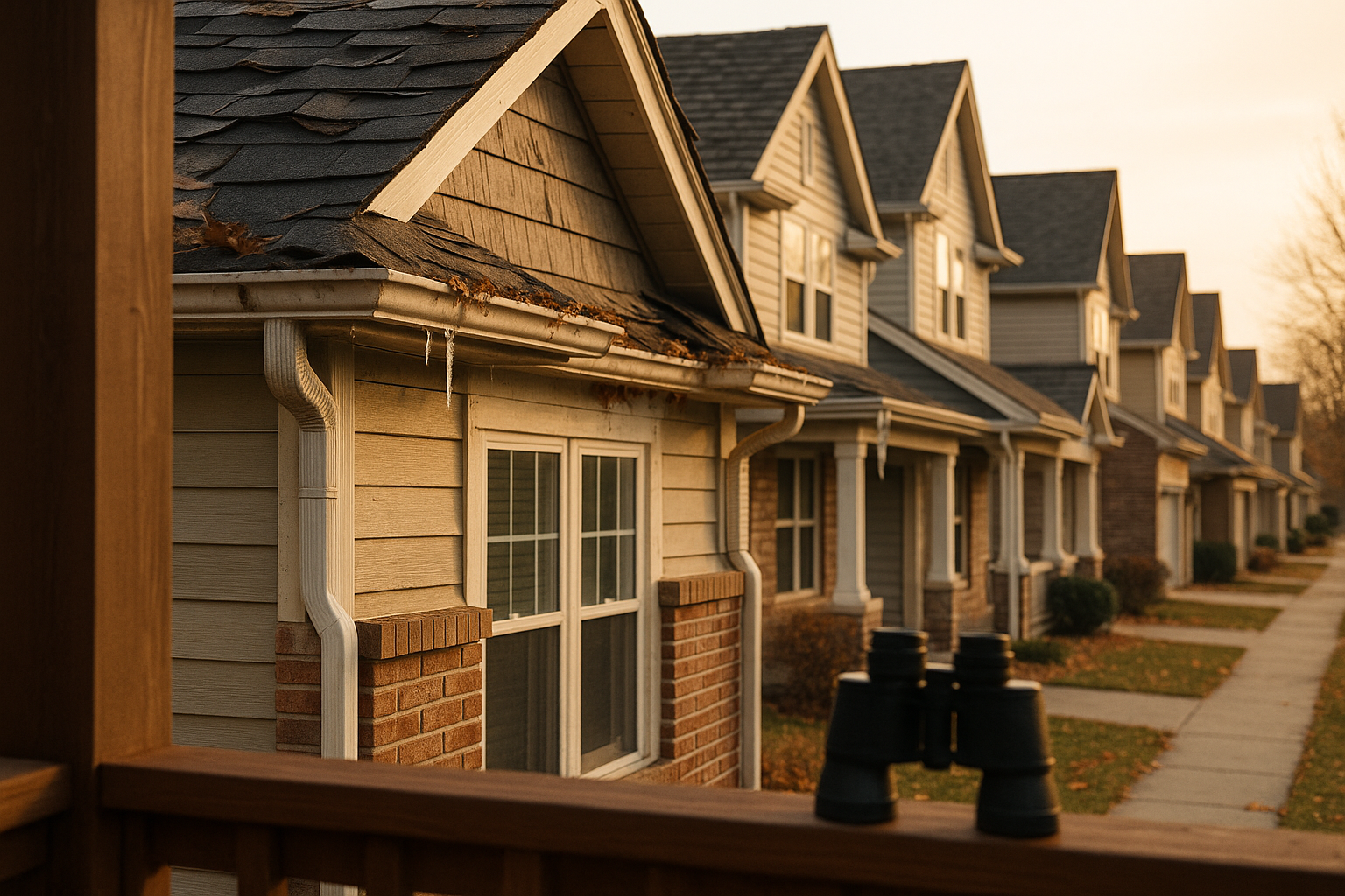 Golden-hour Indianapolis suburban roofs with lifted shingles, clogged gutters, binoculars on railing; warm light, ground-level perspective.