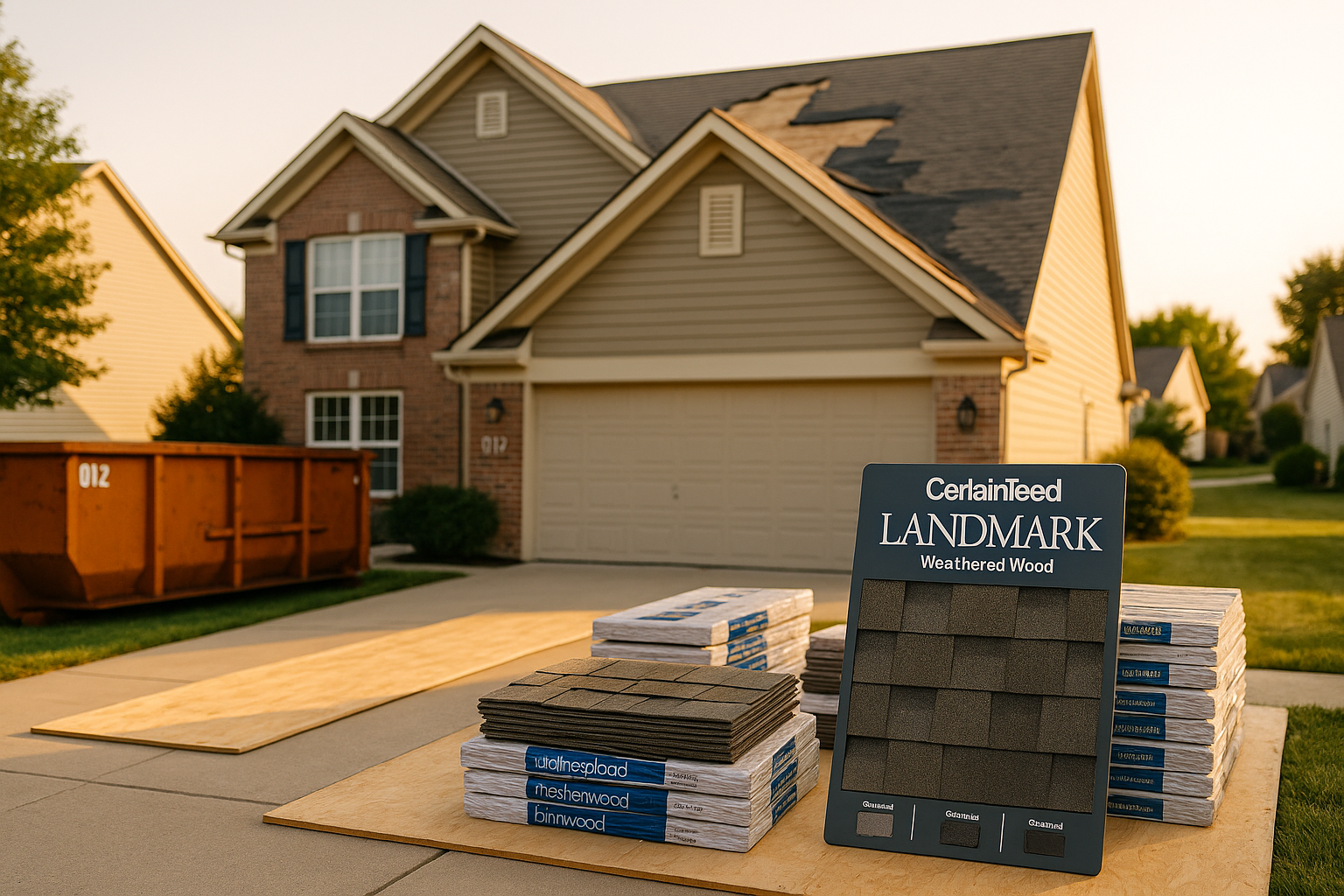 Wide golden-hour exterior of Indy suburb home with peeled-back shingles exposing roof deck, driveway protection, dumpster, stacked materials.