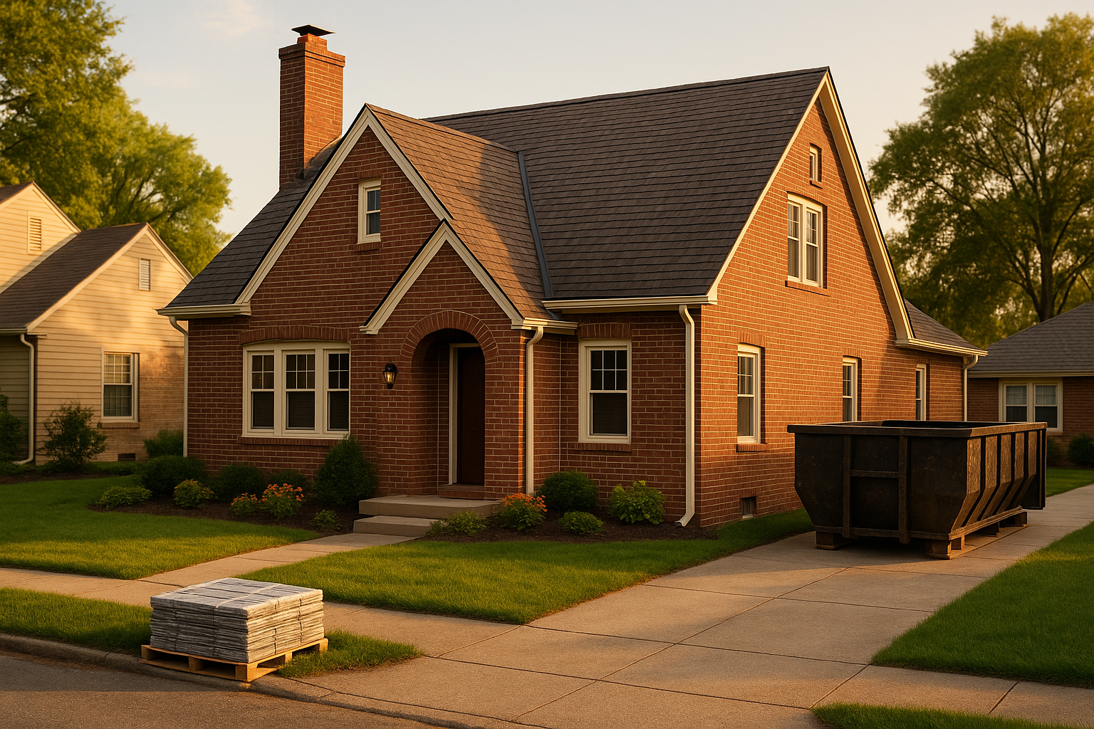 Finished single-family roof with architectural asphalt shingles, sealed ridge cap, brick chimney, golden hour light, clean driveway in Indianapolis.