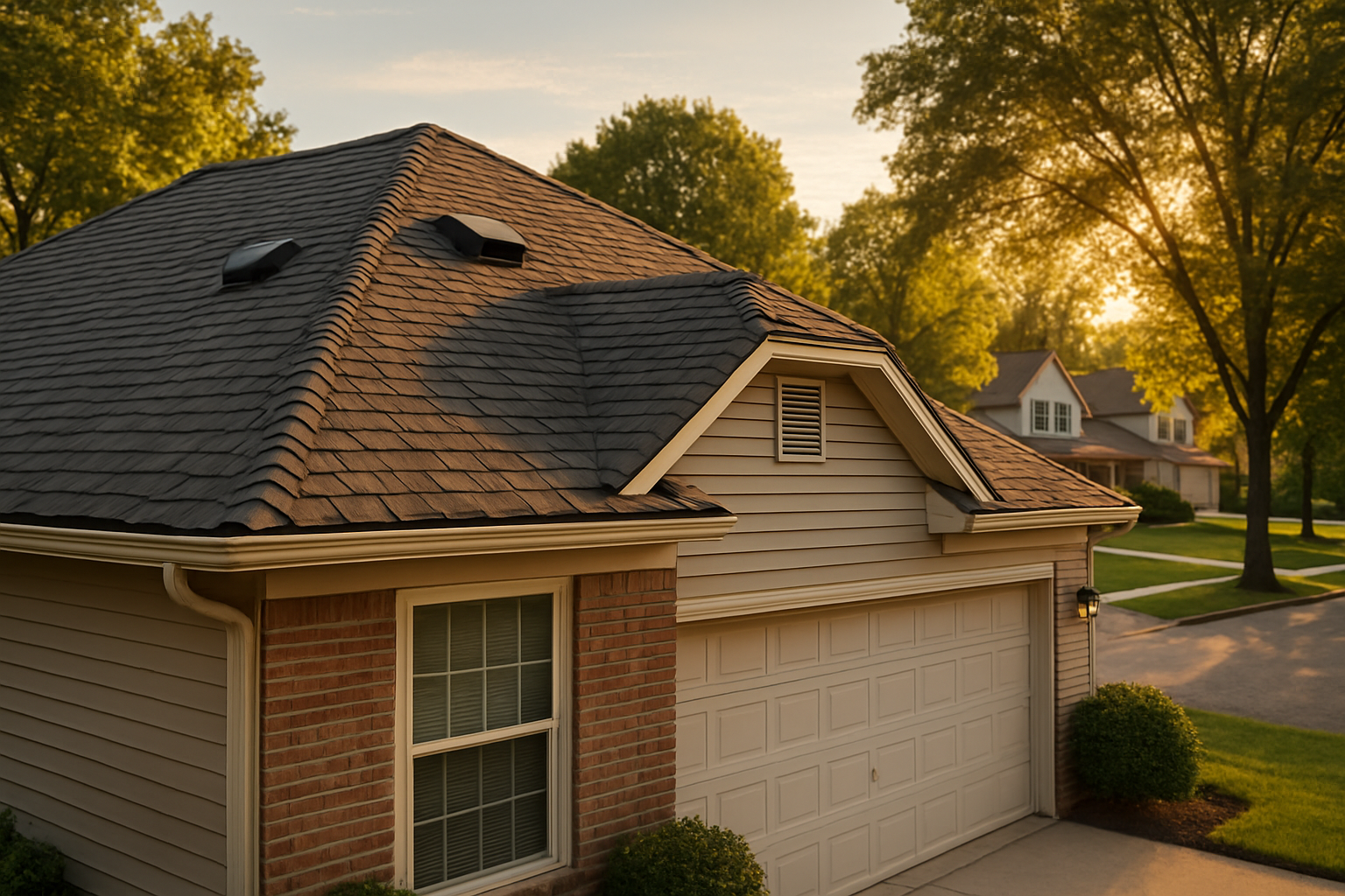 Golden hour tree-lined Indianapolis street with homes, hip roof showing curled shingles and box vents.