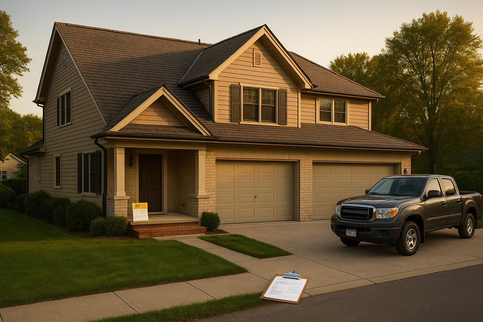 Wide-angle premium Indianapolis home at golden hour with new roof, permit on porch and out-of-state truck in driveway.