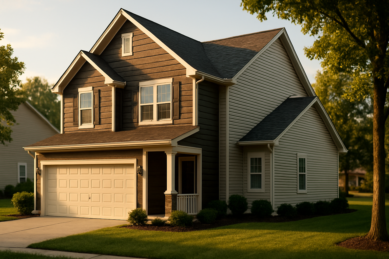 Split-elevation suburban home: fiber cement front, vinyl sides at golden hour, material contrast and curb appeal.