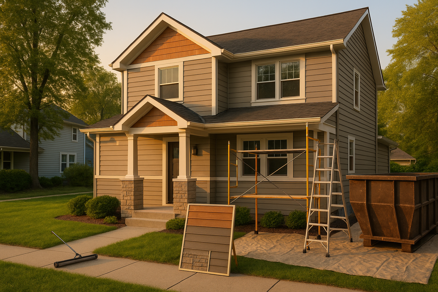 Two-story Indianapolis home with mixed new siding, stone wainscot, scaffolding and staged dumpster in warm golden hour.