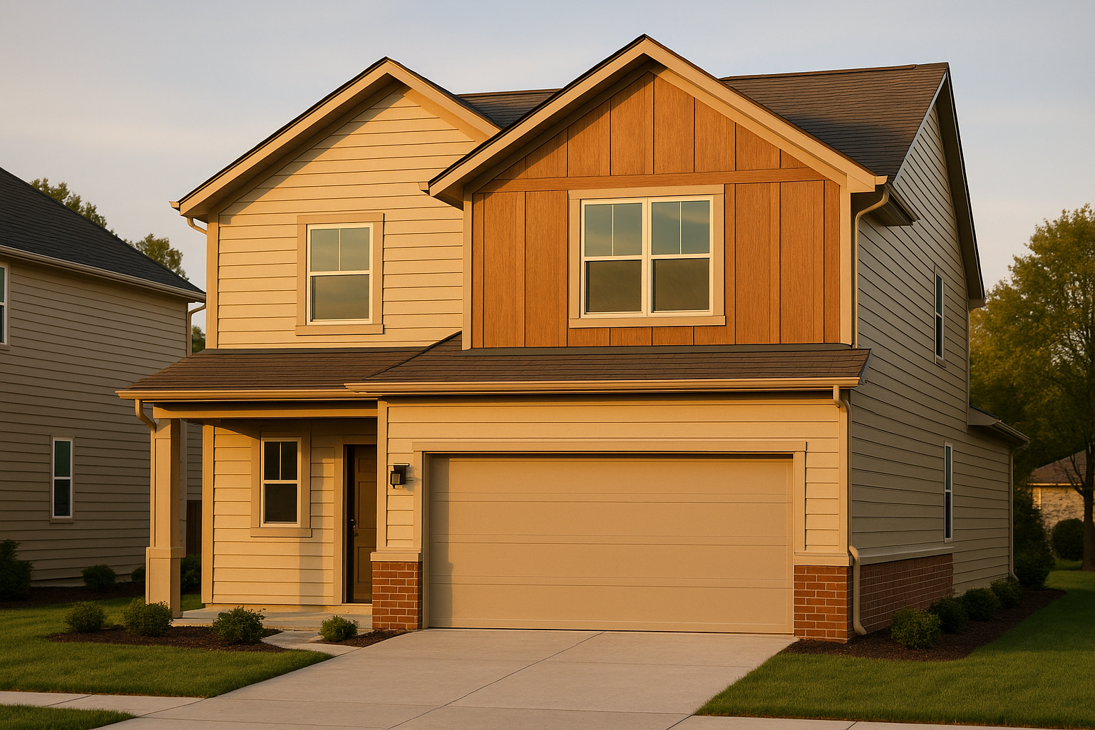 Full-elevation Indianapolis home at golden hour with new fiber cement lap and panel siding, engineered wood accents, gutters, and flashing.