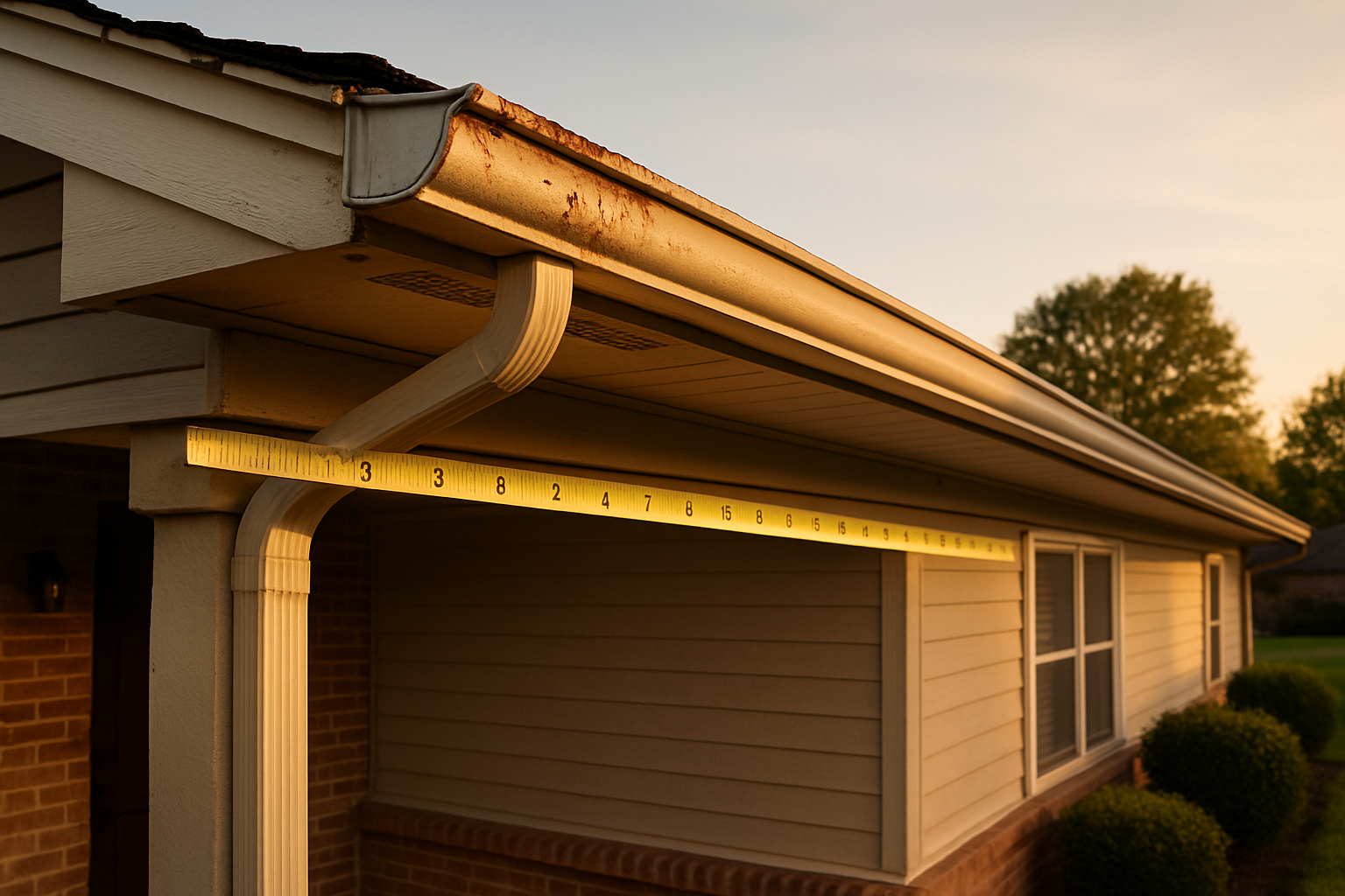 One-story Greenwood home eave at golden hour with soffit, fascia, gutters, rafter tail, vents, water stains, and a linear-foot tape on the eave.