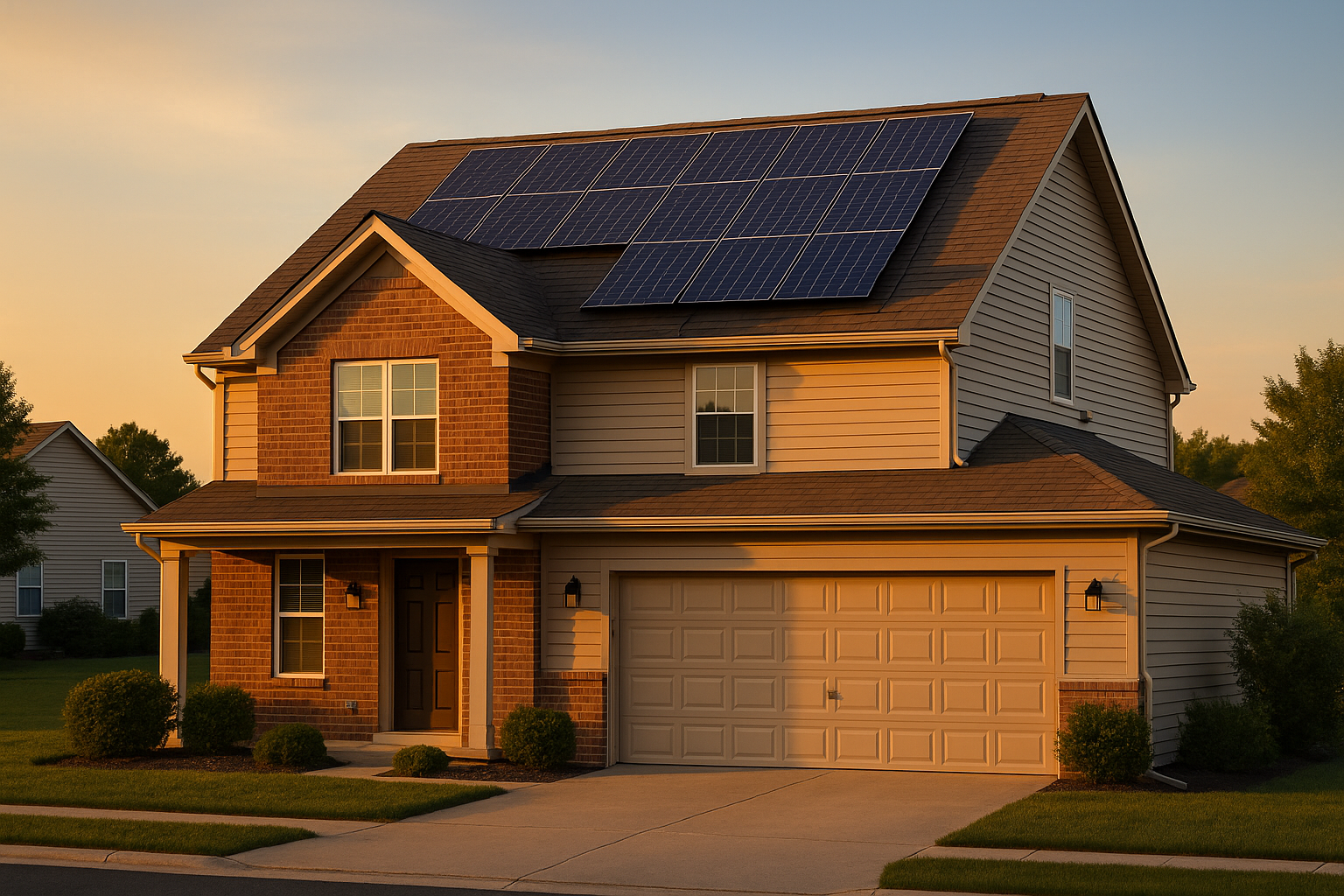 Indianapolis suburban home at golden hour with new architectural shingle roof and solar panels, vents and conduit visible.