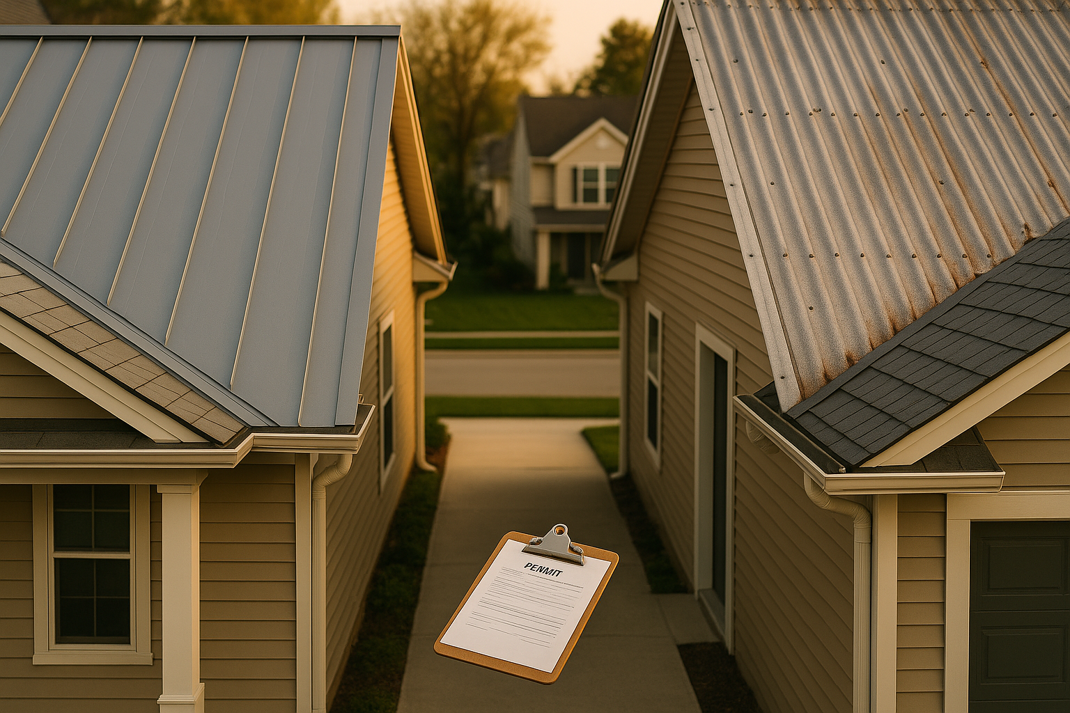 Street-level view of two adjacent houses: standing seam roof next to corrugated roof in warm golden hour light.
