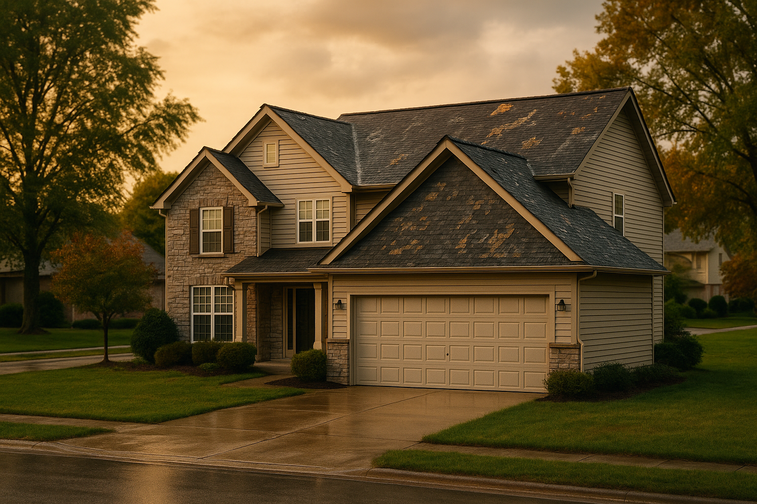 Wide exterior of Fishers suburban roof at golden hour showing storm-damaged slopes, mature trees, wet lawn and scattered shingle granules.