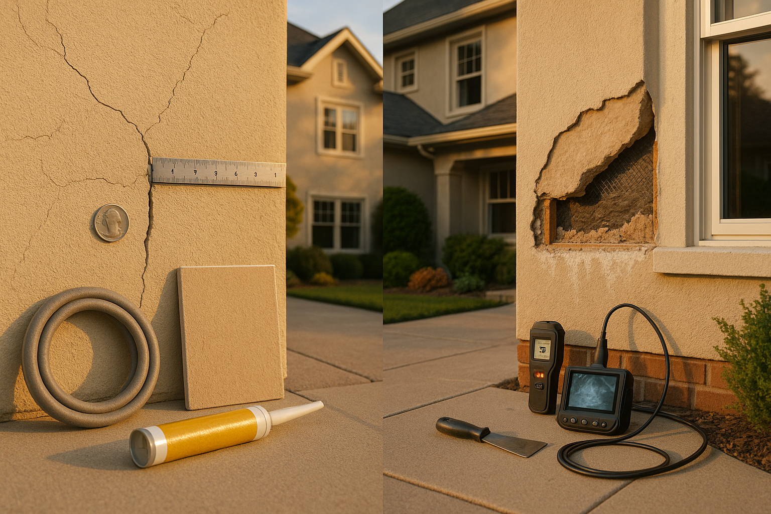 Side-by-side stucco repair vs replacement showing cracks with ruler and delaminated removed finish in golden hour.