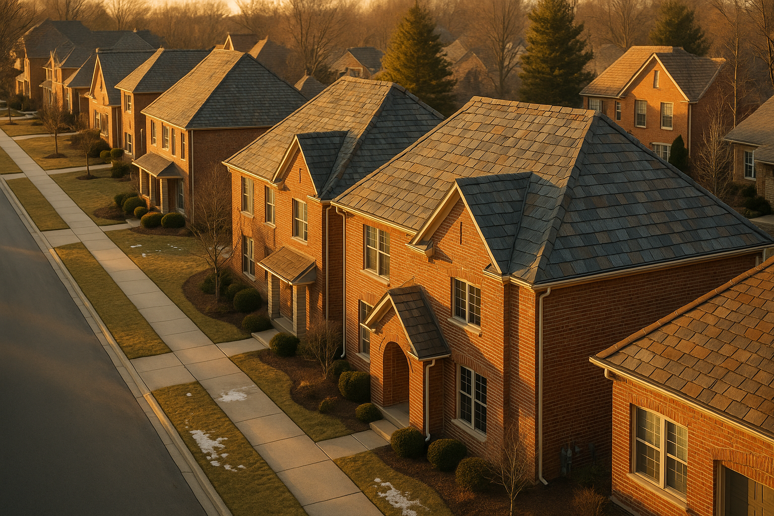Aerial golden-hour view of Brownsburg/Indianapolis street with brick homes and mixed slate and clay tile roofs.