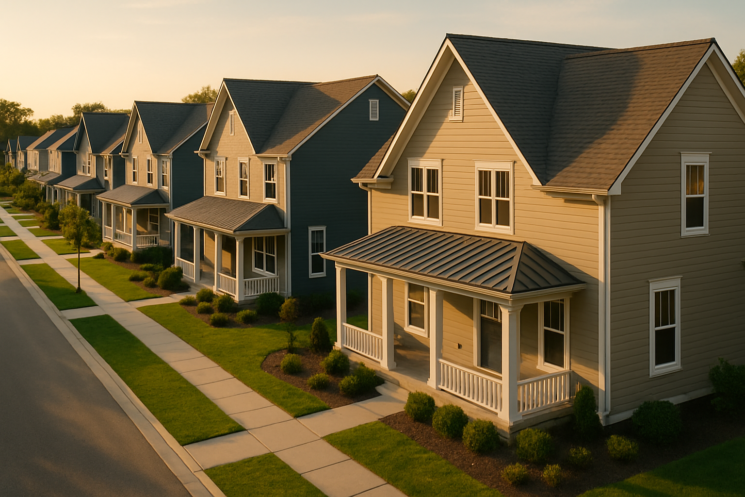 Aerial golden-hour view of Westfield gable roofs with dormers and standing-seam porch accents, premium shingles, suburban context.